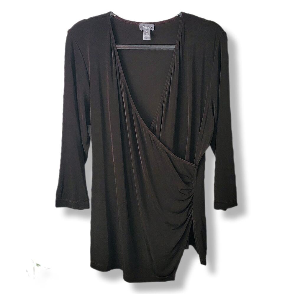 Chicos Traveler Slinky Knit Faux Wrap Blouse Top 2 L Brown Minimal Neutral